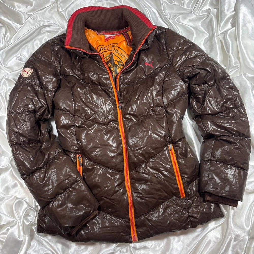 y2k Puma Puffer Jacket Brown Excellent Glossy Down Fill Sportlifestyle XL
